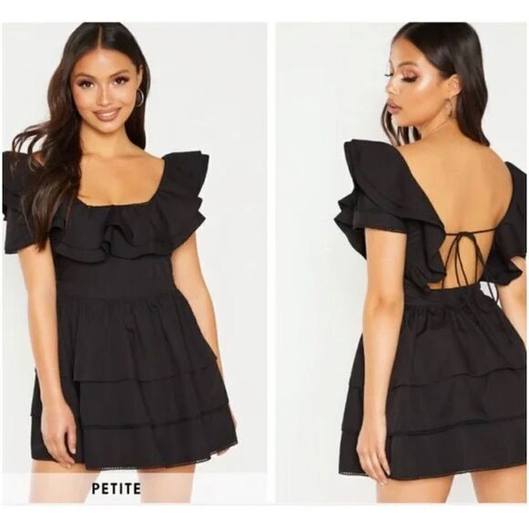 PrettyLittleThing Petite Black Square
Neck Tiered Frill Mini Dress size 16 - Picture 1 of 7